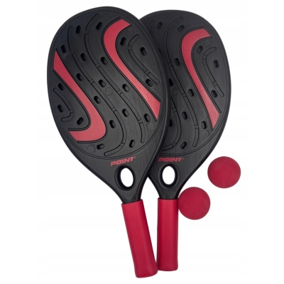 Zestaw dwóch czerwonych rakietek i dwóch piłeczek do padla, badmintona i tenisa plażowego Point – widok całościowy.