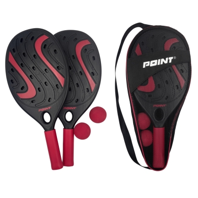 Zestaw dwóch czerwonych rakietek i dwóch piłeczek do padla, badmintona i tenisa plażowego Point – widok całościowy.