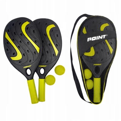 Zestaw dwóch żółtych rakietek i dwóch piłeczek do padla, badmintona i tenisa plażowego Point – widok całościowy.